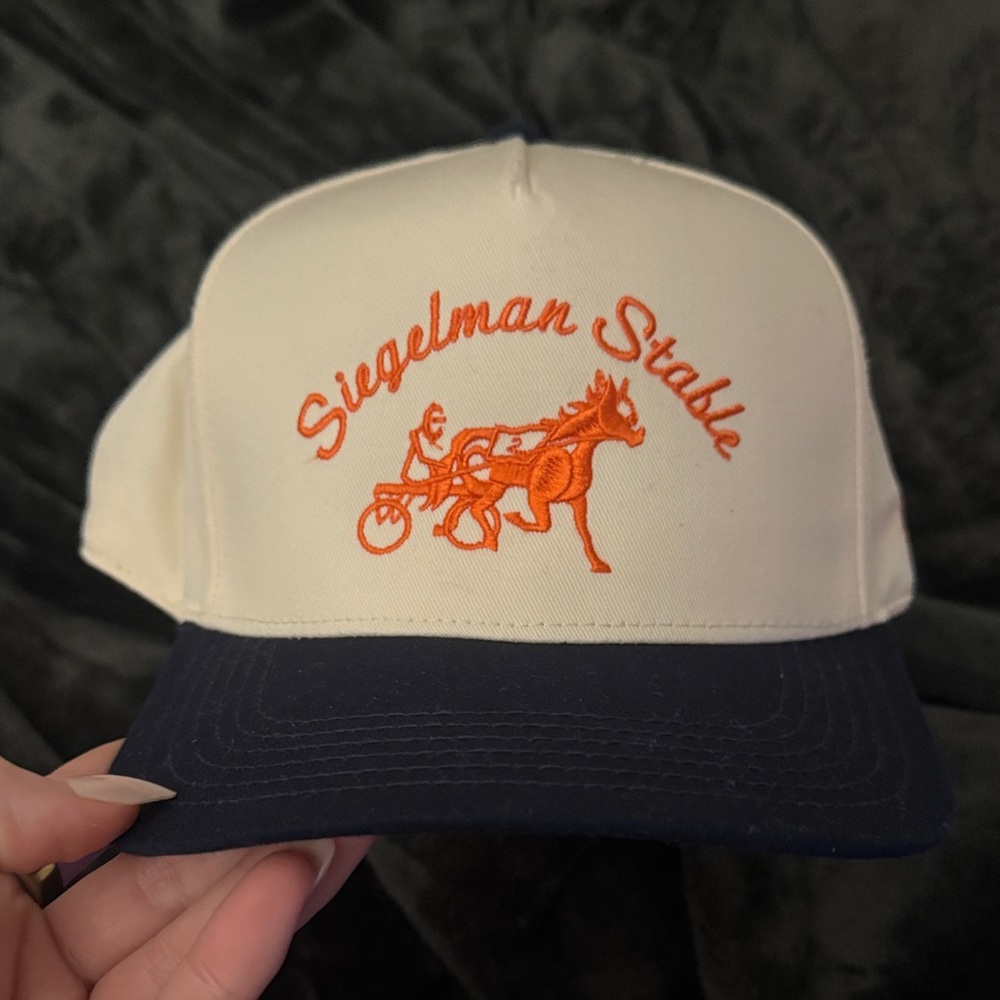 OTTO Two-Tone Trucker Hat in White, Navy & Tan with Orange Embroidery